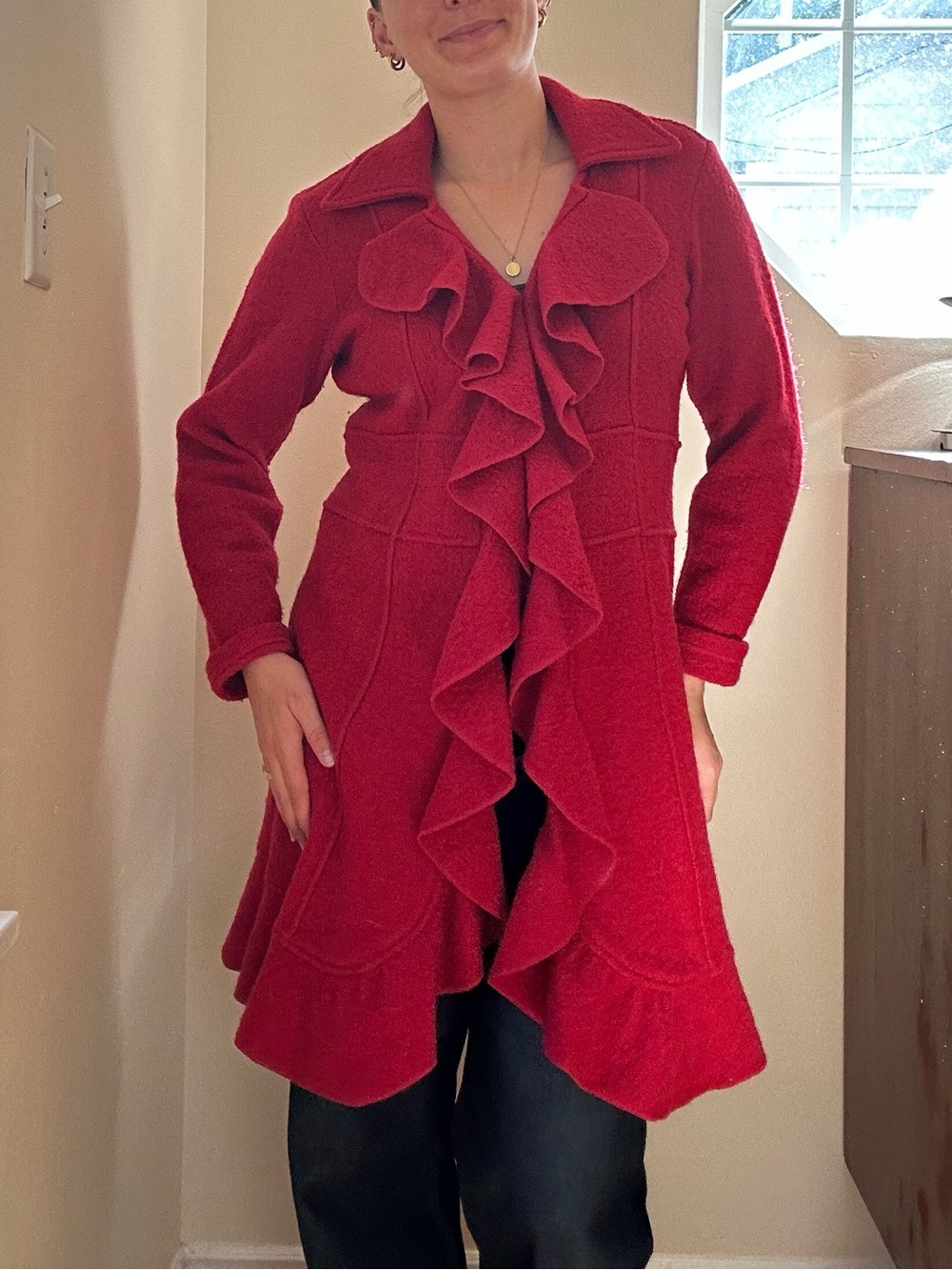 Vintage Sharon Young Red Ruffle-Front Trench Coat